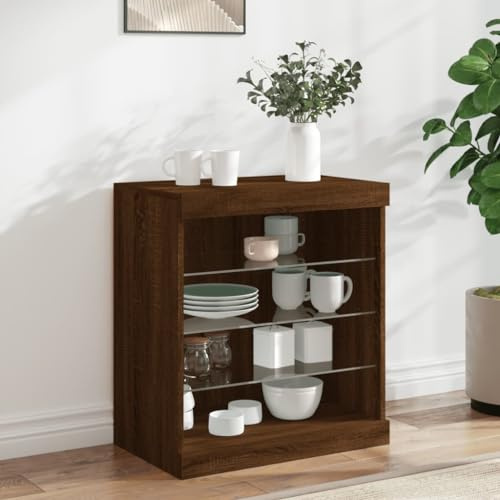 Modern Sideboard with RGB LED Lights, Brown Oak Finish TV Media Console Storage Cabinet 60.5x37x67 cm for Living Room Bedroom, Durable Engineered Wood with Adjustable Lighting & Ample Space