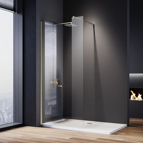 ELEGANT Gold 800mm Wet Room Shower Screen Panel 8mm Easy Clean Glass Walk in Shower Enclosure