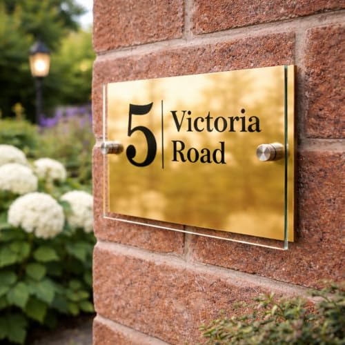Personalised House Numbers Plaques by Blitz Craft | Glass Effect Acrylic and Gold Aluminium | Custom Address Text with Door Numbers for Outside, Weatherproof Design with Fixings (200x130mm) D006