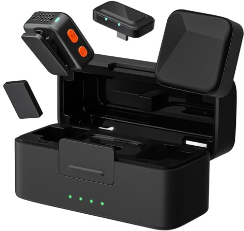 Mxcasoxz Microfono lavalier wireless con custodia di ricarica, mini, ultraleggero, cancellazione del rumore, microfono clip-on per iPhone, iPad, Android, PC, ideale per YouTube, Vlog, streaming e