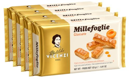 4X Matilde Vicenzi Millefoglie Glassate, Sfogliatine Dolci di Pasta Sfoglia Croccante con Delicata Nota all'Albicocca, Pasticceria Italiana per Colazione, Tè e Merenda 125g