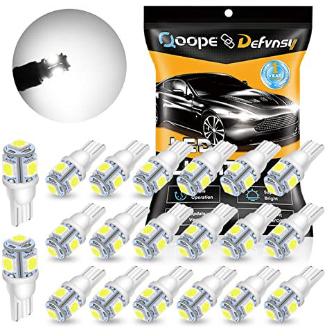 Defvnsy T10 W5W 194 LED Bulb White 6000K 501 158 168 2821 2825 Interior Light 5050 5SMD 12V Dashboard Bulbs for License Plate Light, Dome Light, Corner Light, Map, Door, Courtesy Light (Pack of 20)
