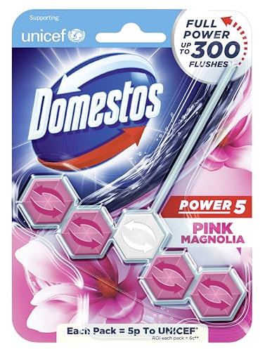 Domestos Power 5 Pink Magnolia toilet blocks that clean at full power for up to 300 flushes Toilet Rim Block up to 3x more limescale prevention* 55 g