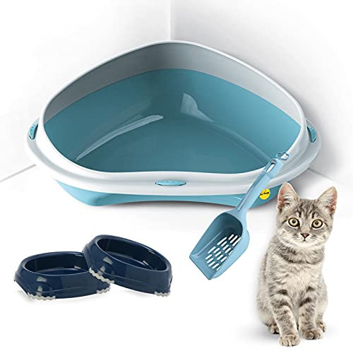 CAT CENTRE Large Corner Cat Litter Tray Bundle With Blue Smarty Bowls 0.2L and Scoop - Cat Hygiene Toilet, High Rim