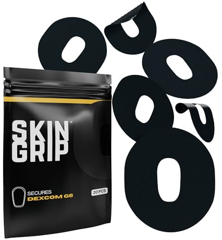 Skin Grip Adhesive Patches for Dexcom G6 CGM (20-Pack), Waterproof & Sweatproof for 10-14 Days, Pre-Cut Adhesive Tape, Continuous Glucose Monitor Protection(Black)