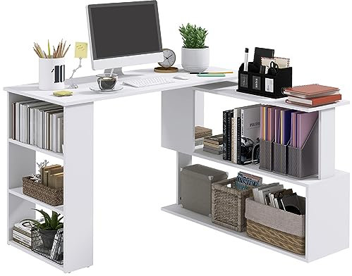 HOMCOM Scrivania Angolare Reversibile con 5 Ripiani Portaoggetti, Scrivania ad Angolo per Computer in Legno, per Ufficio, Soggiorno e Studio, Stile Industriale, 120x110x74.5 cm, Bianco