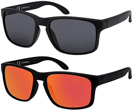 La Optica B.L.M. Sonnenbrille Herren UV400 Retro Retro - Doppelpack Set Matt Schwarz (1 x Grau, 1 x Rot Verspiegelt)