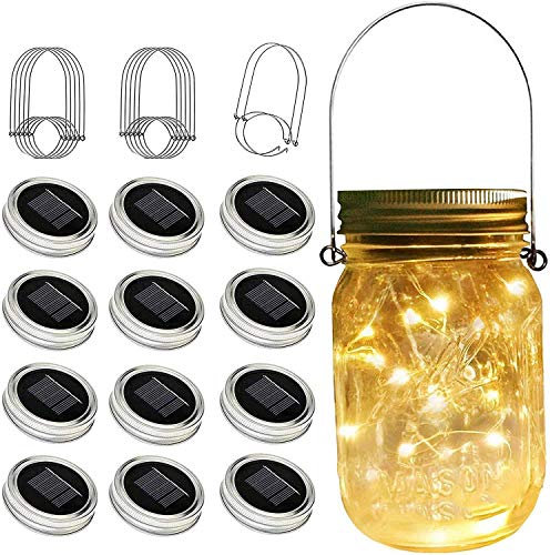 SunKite Solar Mason Jar Lights(NO Jars), 12 Pack 30 LED Waterproof Fairy Firefly Jar Lids String Lights with Hangers, Patio Yard Garden Wedding Decoration - Warm White