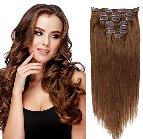 HAOCHIDIAN Light Brown Clip in Human Hair Extensions Clip on Extra Thick Remy Human Hair 8 Pieces 17 Clips Per Set for Full Head,16inch (40cm) 100g