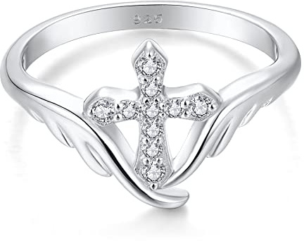 starchenie Kreuz Ringe 925 Sterling Silber Zirkonia Engelsflügel Ring für Damen(Größe62)