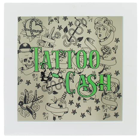 Tirelire avec cadre photo 3D avec vitre transparente - Emballage pour cadeaux d'argent (tatouage Cash (blanc)