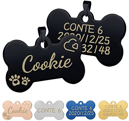 Uiopa 2 Piezas Chapa Perro Grabada, Hueso Placas para Perros Personalizadas de Acero Inoxidable, Etiquetas de Identificación de Mascotas para Collar Gato (Negro, S)
