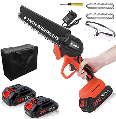 WEIWAN Mini Kettensäge, 6 zoll Kettensäge mit Akku, 900W bürstenlosen Motor, Tragbar Einhand Elektro Kettensäge mit 21V Ladegerät, 2 Akkus + 2 Ketten, Mini-Kettensäge Elektro, für Garten Holzschneiden