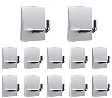 IZRA Self Adhesive Hooks 12 Pack Stick on Hooks Holder for Tea Towel ,Kitchen,Coat ,Bathrooms,Sticky Wall,Waterproof and Rustproof,Silver