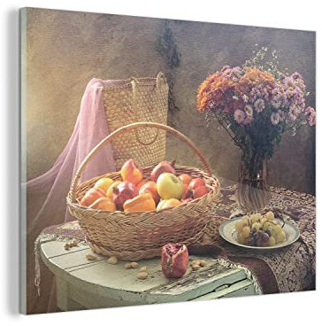 Glasbild Glasfoto Wandbild Bilder Deko 120x90 cm Stillleben - Malerei - Blumen - Obst - Äpfel - Trauben - Kunst