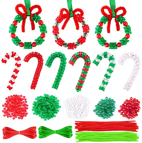 Kalolary 2462 Stück Weihnachtsperlen Ornament Set, Weihnachts Bastelkranz Zuckerstange Weihnachtsdreieck Perlen DIY Perlen Chenille Stiele und Bänder Weihnachtsbaum hängende Dekoration Urlaub Party