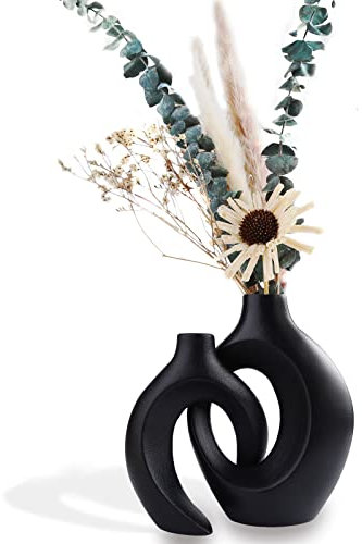 Kingbar Vase Schwarz Matt, Keramik Vase Für Pampasgras,Vase Nordic Ring Form Modern Deko, Blumenvase Deko Wohnzimmer, Schlafzimmer,Heimdekoration