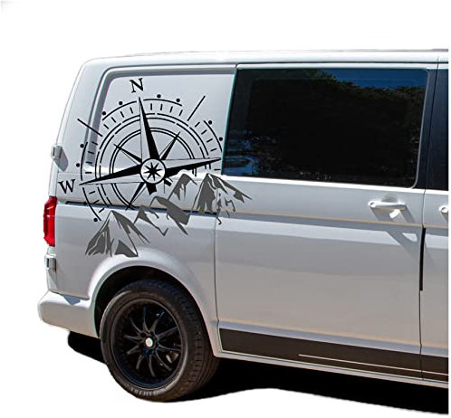 Autoaufkleber Kompass Sport Mountains 60x56cm Windrose Sticker Folie für Auto Wohnwagen Anhänger Aufkleber Selbstklebend Kfz Zubehör KX072 KX073 (Kompass schwarz, Berge Grau)