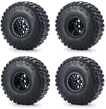 VLIZO Metall 2,2 Zoll 45 mm verbreiterte Beadlock-Felgen, Naben, Gummireifen, kompatibel mit Axial RBX10 AXI03005 Wraith 1/10 RC Crawler Car (Color : Black Set)