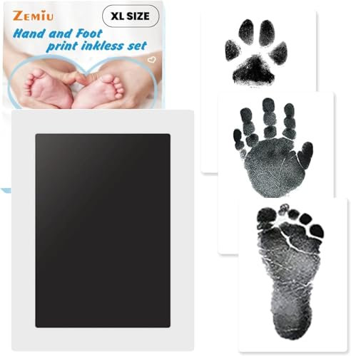 Zemiu XL Größe Baby Abdruck Set, 1 Pcs Baby Handabdruck und Fußabdruck Set Clean Touch Stempelkissen für Neugeborene/Baby Shower/Familie Geschenk,Pfotenabdruck Set-Schwarz