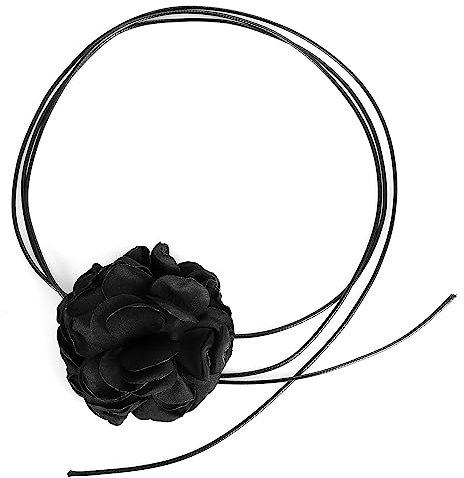 Flower Choker Necklace, Adjustable Fabric Flower Choker Necklace Elegant Rose Flower Necklace Flower Lace up floral Necklace for Brides Women Girls (Black)
