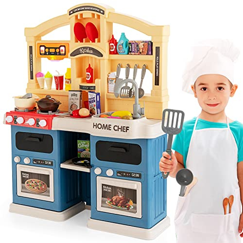 GOPLUS 69 TLG. Kinderküche Set, Kinderspielküche mit Lichtern und Sound, Musik, Dampf- und Kochgeräuschen, Spüle mit fließendem Wasser, Spielküch mit Herd Öfen für Kinder ab 3 Jahren (Blau)