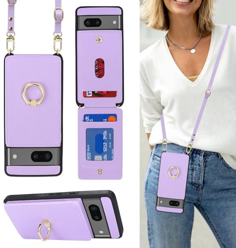 Havaya Coque Google Pixel 7 avec Cordon RFID Porte Carte Portefeuille Étui Google Pixel 7 avec Cordon Anneau Telephone Portable Réglable Collier Housse Etui pour Femmes - Violet
