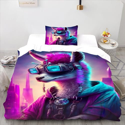 Bettwäsche Set mit Lama Motiv niedliches Kinder Bettbezug Set 3D Bedruckte Bettwäsche Bettbezug Set für Kinder und Jungen Mikrofaser Bettbezug Einzelbett (135 x 200 cm)