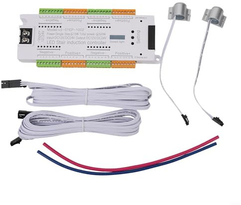 Gbtdoface Kit de controlador de luz de escalera, sensor de movimiento inteligente, iluminación LED para escaleras, 32 canales, sistema antifugas, ajustes personalizables, blanco, eléctrico con cable,