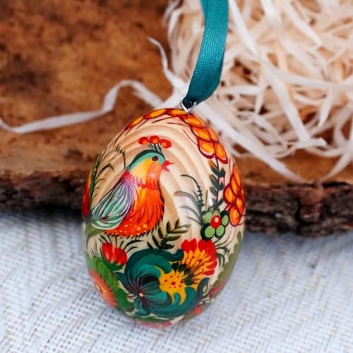 Handbemalte Ostereier zum Aufhängen aus Holz mit Schönem Vogel und Blumenmuster, 6-7 сm Ukrainische Petrykiwka-Malerei Pysanky Kunsthandwerk