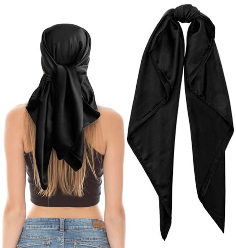 Jeffdad Einfarbiger Kopftuch, Hijab Kopftuch für Damen, 90x90 cm Einfaches Quadrat Schal Frauen Satin Bandana Halstuch Frauen Rutschfester Seidentuch Headwrap für Mädchen Frauen(Schwarz)