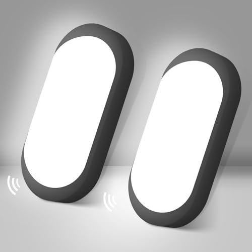 IEGLED 2 Stück Kellerlampe mit Bewegungsmelder und Dämmerungssensor, IP65 12W LED Wandleuchte, 1080LM Oval Deckenlampe, 4000K Feuchtraumleuchte Lampe für Keller, Flur, Treppe, Garage, Balkon