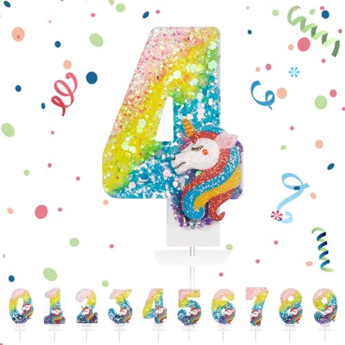 Geburtstagskerzen Zahlen 4,3D Regenbogen Einhorn Geburtstagskerzen,Kerzen Geburtstag Zahl 4, Kuchen Topper Dekoration Kuchendeko Geburtstag, Geburtstagskerzen für Geburtstagsdeko Mädchen Jungen