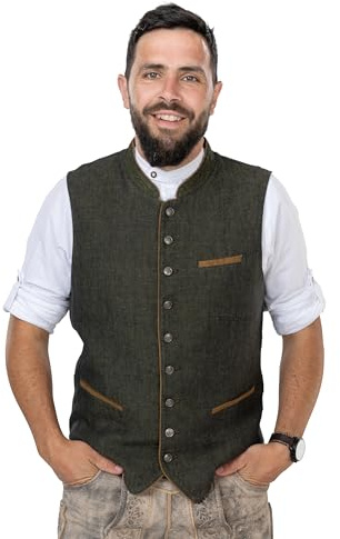Schöneberger Trachten Herren Trachtenweste Grün-Olive – Vintage Lodenweste für Oktoberfest | Leinen-Weste Lederhose - Trachten-Gilet Hubertus