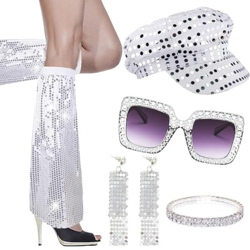 5Pcs 70s Disco Accessories, 70s Fancy Dress Women Accessories, Frame Bling Sunglasses Earrings Headband Bracelet Leg Warmers Disco Fancy Dress Kit for Women Retro 70 Theme Party Hippie Costume