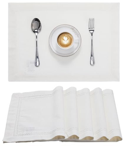 JEMIDI 6er Set Tischset mit Hohlsaum - 6 Tischsets aus Baumwolle - 6X Platzdeckchen Platzset aus Leinenoptik Stoff - Tisch Sets Platzsets Placemats - Weiß