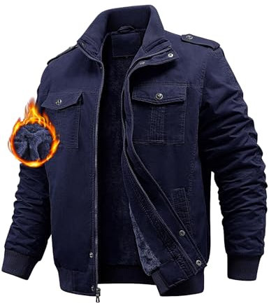 Niwicee Veste Homme Cargo en Polaire d'hiver Épaissir Militaire Coupe-Vent Coton Manteau Chaude Avec Revers Zippée Blouson Thermique avec Poches Casual Travail Sport(Marine,XXL)