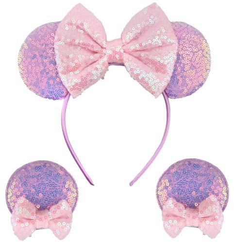 Dekewe Sparkly Bow Mouse Ears Headband, Cosplay Party Headband for Adult Kids, Pink, 1 Count (Pack of 1), 3 Pieces, Unisex-Adults and Kids