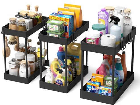 Meltrck Organizador Bajo Fregadero 3 Unidades - Estante Doble Nivel Fijo para Cocina y Baño, Sistema de Almacenamiento Listo para Usar (Incluye Soporte para Productos de Limpieza)