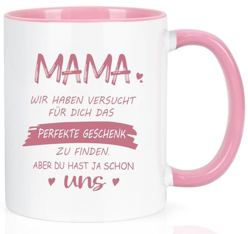 Joymaking Keramik Kaffeetasse Geschenk für Mama zum Muttertag Weihnachten Geburtstag, Tasse Mama Muttertagsgeschenk Geburtstaggeschenk Kaffeetasse mit Spruch - Du hast ja schon UNS, 320ml Rosa