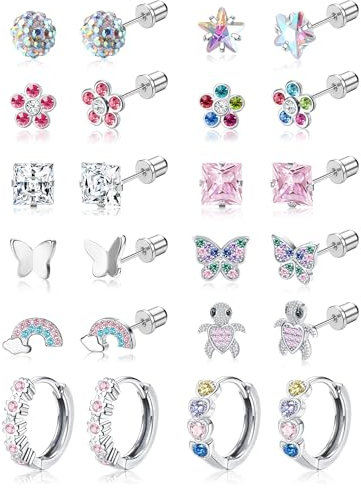 Hypoallergene Silber Ohrringe für Damen und Mädchen – 12 Paar Ohrringe aus Chirurgischem Edelstahl für Empfindliche Ohren, mit Blumen-, Schmetterlings- & Hoop-Designs, Sicherer Schraubverschluss