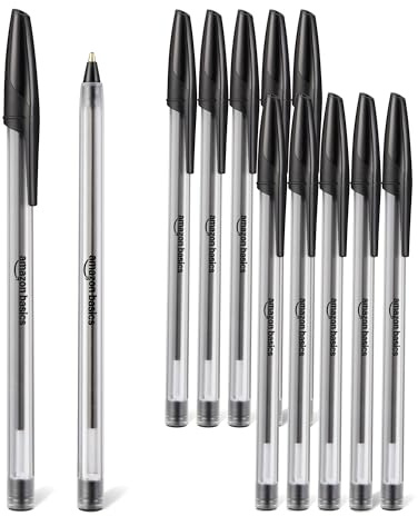 Amazon Basics Kugelschreiber, Schnelltrocknend, Ideal für Schule und Büro, Mittlere Strichstärke (1,0mm), Schwarz, 12er-Pack