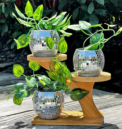 Disco Ball Planter Pot Set with Wood Stand Holder Set of 3 Indoor Cactus Succulent Flower Pot Mirror Glitter Silver Glass Bamboo Plant Holder for Party Garden Office Desk