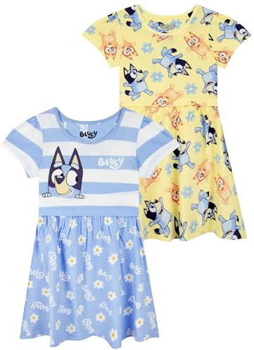 Bluey Girls Dresses, 2 Pack Cotton Dresses, Short Sleeve Girls Dress for Summer, Multicoloured 4-5 Years