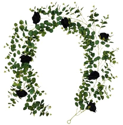 Künstliche Efeuranke Künstliche Seide Schwarze Rosen Blumenranke Dekorativer Gefälschter Stoff Efeu Hängende Rosengirlande Home Wanddekoration Kunstpflanzen Blatt für Küche, Hochzeit, Garten(B)