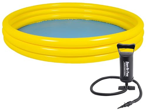 Aqua Rite Inflatable 3 Ring Paddling Pool for Kids & Toddlers with 12 Hammer Inflation Air Pump with 3 Nozzles for Pools | Easy to Inflate & Store (Yellow Pool + Hammer Inflation Pump, 157 x 25 Cm)