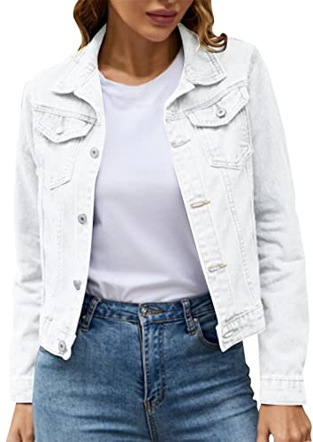 Ladies Denim Jackets, Womens Long Sleeve Casual Trucker Jean Jacket, Classic Button Up Outerwear Coat for Spring, Autumn