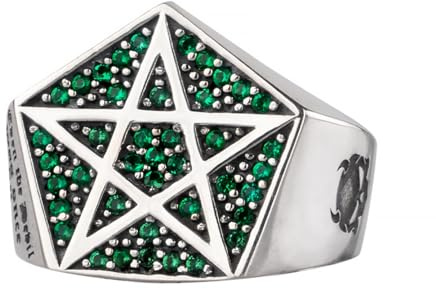 AHTCPO Totenkopf-Pentagramm 925 Sterlingsilber Ring mit Smaragd - Gothic Okkult Ring für Männer verstellbar, Vintage Dunkler Schmuck für Zeigefinger Kleiner Finger(Green)