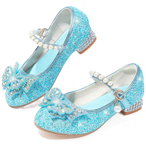 VTASQ Chaussure Princesse Fille Talon avec Paillettes Chaussures Reine Chaussures de Danse Enfant Déguisement Cosplay Chaussure Mariage Noël Anniversaire Cérémonie Fête Bleu EU30
