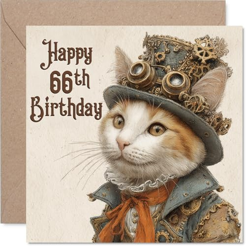 Geburtstagskarte zum 66. Geburtstag für Frauen und Männer, Steam Punk Cat